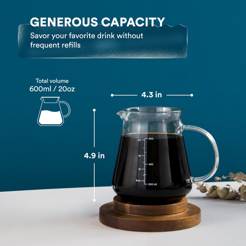 ovalware Glass Range Coffee Server For Pour Over Coffee & Tea - 600ml/20oz Ovalware Microwave Safe & Heatproof 2.5mm Thick Glass Body - Image 2